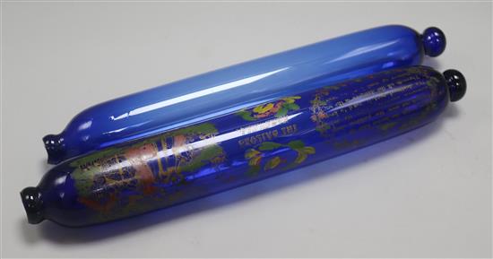 Two blue glass 19th century rolling pins